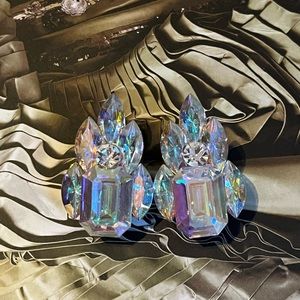 True Vintage Iridescent Rhinestone Glass Clip On Earrings 1980s